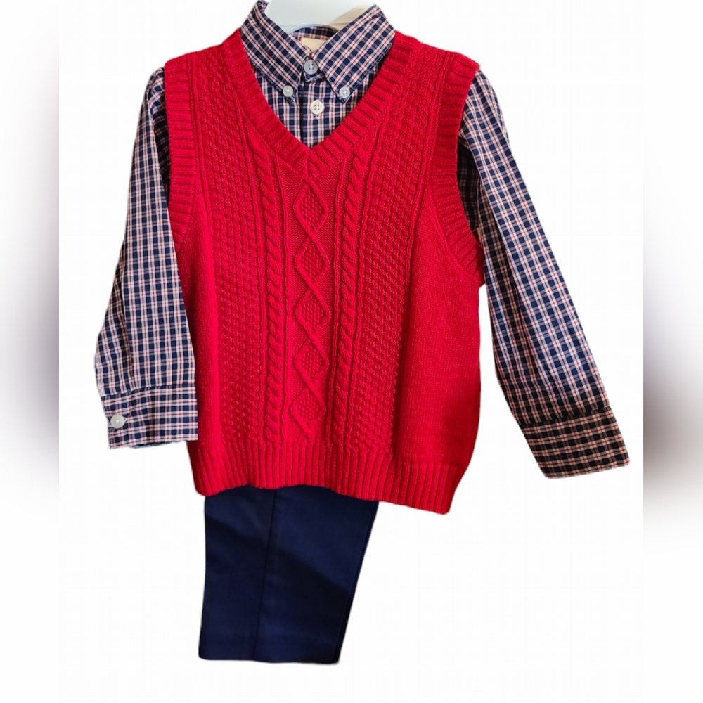 NWT Izod size 2T 3 piece set navy pants, plaid top, red vest